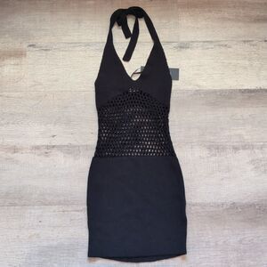 White Fox Boutique Black Halter Crochet Mini Dress Womens XS New With Tags
